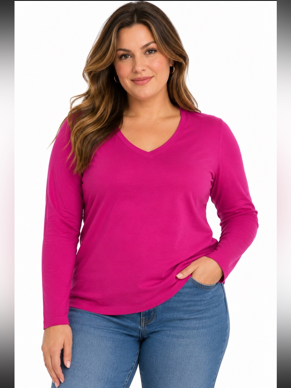 Kim Rogers Petite Large Pink V Neck 100% Cotton Long Sleeve Top PL